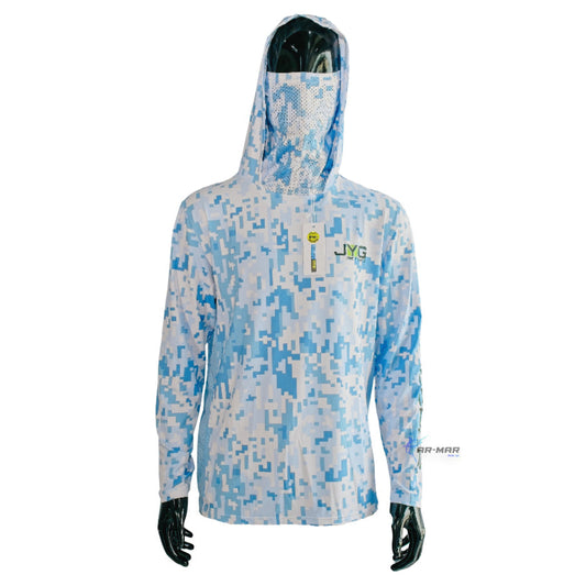 Jyg Pro Hooded Face Mask Fishing Shirt Blue Diji Camo