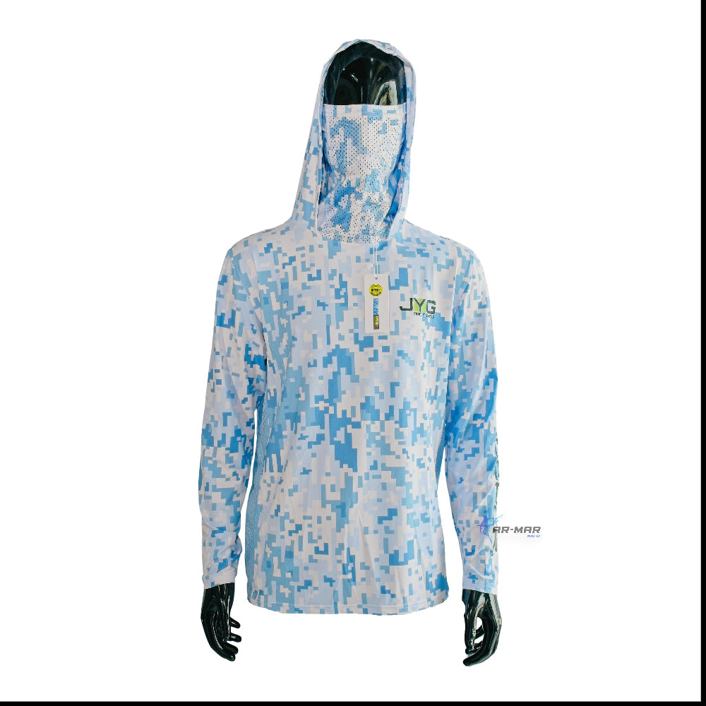 Jyg Pro Hooded Face Mask Fishing Shirt Blue Diji Camo